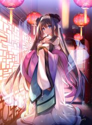 1girl :o architecture blue_eyes breasts brown_hair cleavage collarbone detached_sleeves double_bun dress east_asian_architecture floral_print full_body hair_between_eyes hair_bun hair_intakes hairband highres hitodama holding indoors lantern large_breasts layered_sleeves long_dress long_hair long_sleeves looking_at_viewer paper_lantern purple_shawl purple_sleeves rinne_(sennen_sensou_aigis) sennen_sensou_aigis shawl sidelocks sleeves_past_fingers sleeves_past_wrists solo standing tassel two-tone_dress two_side_up very_long_hair window yin_yang yin_yang_print yuasa_akira