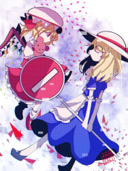 Rule 34 | 2girls, ankle socks, apron, arms behind back, artist name, blonde hair, blue dress, blue footwear, closed eyes, color contrast, crystal wings, danmaku, dated, dress, facing another, flandre scarlet, frilled apron, frilled sleeves, frills, from side, full body, hat, holding, holding sign, holding stuffed toy, in-franchise crossover, kana anaberal, long dress, long hair, looking at another, loose socks, mary janes, mob cap, multiple girls, no entry sign, no mouth, pantyhose, ponytail, profile, puffy short sleeves, puffy sleeves, raisu tea, red eyes, red footwear, red skirt, road sign, shoes, short hair, short ponytail, short sleeves, side ponytail, sign, skirt, skirt set, socks, stuffed animal, stuffed toy, sun hat, teddy bear, touhou, touhou (pc-98), u u, white apron, white hat, white pantyhose, white socks