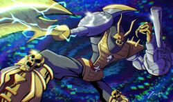 Rule 34 | blade, digimon, digimon (creature), electricity, gokumon, highres, skull, solo, sword, weapon