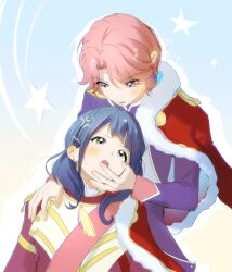 2girls anger_vein annoyed arms_at_sides behind_another blue_background blue_hair blush earrings fur-trimmed_jacket fur_trim gradient_background hair_between_eyes hanayagi_kaoruko hand_on_another&#039;s_cheek hand_on_another&#039;s_face hand_on_another&#039;s_shoulder highres isurugi_futaba jacket jacket_on_shoulders jewelry long_sleeves looking_at_another looking_down looking_up medium_hair multiple_girls open_mouth outline parted_lips pink_hair pink_jacket purple_eyes purple_jacket red_sash sanoon sash short_hair shoujo_kageki_revue_starlight shoulder_sash tassel upper_body white_outline yellow_bag yellow_eyes yuri