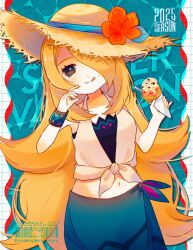 Rule 34 | 1girl, :p, black eyes, blonde hair, blue sarong, brown hat, crop top, cynthia (pokemon), cynthia (summer 2025) (pokemon), flower, food, food on face, hair over one eye, hat, hat flower, highres, holding, holding ice cream cone, ice cream, ice cream cone, ice cream on face, looking at viewer, lovefumiki, midriff, navel, nintendo, official alternate costume, pokemon, pokemon masters ex, sarong, solo, sun hat, tongue, tongue out
