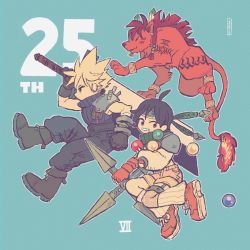 1boy 1girl armor black_hair blonde_hair boots buster_sword cloud_strife final_fantasy final_fantasy_vii gloves headband highres leg_warmers materia ninja nobu_(25mark) orange_shoes red_xiii shoes short_hair shoulder_armor shuriken spiked_hair square_enix suspenders turtleneck weapon yuffie_kisaragi