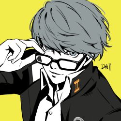Rule 34 | 1boy, absurdres, adjusting eyewear, artist name, black-framed eyewear, black jacket, collared jacket, collared shirt, da-cart, glasses, grey eyes, grey hair, highres, jacket, long sleeves, looking at viewer, looking over eyewear, male focus, narukami yu, persona, persona 4, portrait, school uniform, shadow, shirt, short hair, solo, white shirt, wing collar, yasogami school uniform, yellow background