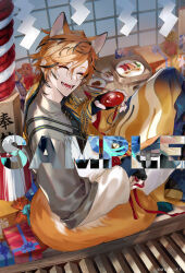 1boy :d ^_^ alcohol animal_ears black_gloves black_hair blue_boots boots box chashibu chopsticks closed_eyes copyright_notice cup donation_box eyeliner facing_viewer fang feet_out_of_frame fingerless_gloves fish_(food) food fox_boy fox_ears fox_tail from_side gift gift_bag gift_box gloves grey_shirt hadanugi_dousa hair_between_eyes happy holding holding_cup japanese_clothes kimono layered_sleeves long_sleeves looking_to_the_side makeup male_focus mole mole_under_mouth multicolored_hair nigirizushi official_art open_kimono open_mouth orange_hair orange_kimono plate print_kimono puffy_long_sleeves puffy_sleeves red_eyeliner red_ribbon ribbon sakamoto_kon sakazuki sake sample_watermark sanbou shide shirt short_hair shouji shrine_bell sitting sliding_doors smile solo soy_sauce streaked_hair sushi tail teeth uniraid virtual_youtuber wasabi watermark