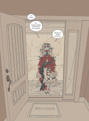 1girl arknights arms_at_sides bare_shoulders boots circlet clothing_cutout detached_sleeves doorway dress dripping english_text from_inside full_body grey_hair hair_ornament hair_stick highres knee_boots long_hair long_sleeves looking_at_viewer navel_cutout no_headwear open_door open_mouth partially_colored puddle red_dress red_eyes short_dress skadi_(arknights) skadi_the_corrupting_heart_(arknights) sleeveless sleeveless_dress solo speech_bubble standing very_long_hair welcome_mat wet xity