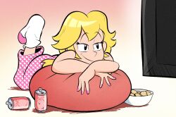 1girl alternate_costume bean_bag_chair black_eyes blonde_hair bowl can closed_mouth commentary drink_can english_commentary food highres mario_(series) nintendo pajamas pants pink_nails pink_pants princess_peach smile socks soda_can solo television watching_television white_socks yohocutie