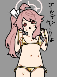 Rule 34 | 1girl, ahoge, bikini, blue archive, blush, breasts, cameltoe, cowboy shot, gold bikini, golden week, grey background, hair ornament, hairclip, head tilt, highres, holding strap, long hair, looking at viewer, mikaku (vbvpahw9), natsu (blue archive), pink hair, red eyes, side ponytail, simple background, small breasts, solo, standing, swimsuit, triangle mouth, untied bikini top