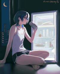 1girl bare_shoulders barefoot beer_can blue_eyes blue_hair breasts can commentary crescent_moon curtains drink_can ear_ornament earrings feet food highres hiodoshi_ao holding holding_can hololive hololive_dev_is indian_style jewelry medium_hair moon nail_polish night refrigerator shorts sitting small_breasts soles solo tank_top tomatoketchup96 virtual_youtuber white_tank_top