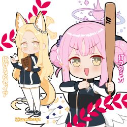 angel_wings animal_ear_fluff animal_ears baseball_bat baseball_glove batting_stance bird black_jacket blonde_hair blue_archive capriccyo commentary_request cross_halo double_bun extra_ears feathered_wings forehead fox_ears fox_tail hair_bun halo highres jacket long-tailed_tit long_hair looking_at_viewer mika_(blue_archive) pink_halo seia_(blue_archive) smile suzuki_ichirou tail tit_(bird) translation_request twitter_username v-shaped_eyebrows white_bird white_wings wings yellow_eyes yellow_halo