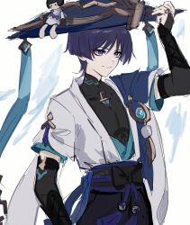 Rule 34 | 1boy, arm at side, armor, belt, black belt, black bodysuit, black bow, black bridal gauntlets, black shorts, blue hat, blue kimono, blue sleeves, blunt ends, bodysuit, bow, bridal gauntlets, bright pupils, closed mouth, covered collarbone, doll, doll on head, furisode, genshin impact, gold, gold ring, hand up, hat, highres, japanese armor, japanese clothes, jingasa, juban, kimono, kote, kurokote, layered sleeves, looking to the side, male focus, mandarin collar, middle ring, open clothes, open kimono, purple eyes, purple hair, purple sash, sash, scaramouche (genshin impact), sgm618, short sleeves, shorts, sketch, smile, solo, stuffed toy, tassel, tsurime, upper body, wanderer (genshin impact), white background, white kimono, white pupils, white sleeves, wispy bangs