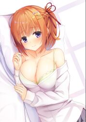 Rule 34 | 1girl, 3:, absurdres, azunyan, bare shoulders, blush, bra, braid, breasts, buttons, cafe stella to shinigami no chou, cleavage, closed mouth, collarbone, commentary request, cowboy shot, dutch angle, embarrassed, eyes visible through hair, fingernails, green bra, hair between eyes, hair intakes, hair ornament, hair ribbon, hairclip, half up braid, head on pillow, highres, indoors, lace, lace-trimmed bra, lace trim, large breasts, looking at viewer, lying, medium hair, on bed, on side, orange hair, parallel hairclips, pillow, ponytail, purple eyes, red ribbon, ribbon, shirt, short ponytail, sleeves past wrists, solo, strap slip, sumizome nozomi, underwear, white shirt
