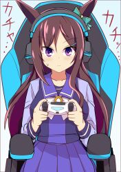 1girl animal_ears bow brown_hair chair closed_mouth commentary_request controller ear_bow gaming gaming_chair hair_ornament hairclip headset highres holding holding_controller horse_ears horse_girl long_hair looking_at_viewer mejiro_dober_(umamusume) playing_games pleated_skirt purple_eyes purple_serafuku purple_shirt purple_skirt sailor_collar school_uniform serafuku shirt sitting skirt solo swivel_chair tracen_school_uniform umamusume wahiko_(black_bastard) white_bow