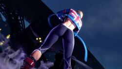 1girl 3d animated ass ass_focus back black_gloves blonde_hair blue_jacket cammy_white capcom female_focus fighting_game fingerless_gloves from_behind from_below game game_screenshot gloves highres hip_focus jacket pants red_footwear red_gloves screencap short_hair slow_motion solo solo_focus street_fighter street_fighter_6 tagme tight_clothes tight_pants union_jack video video_game wide_hips yoga_pants