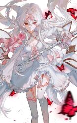 1girl arcaea bow breasts broken broken_sword broken_weapon bug butterfly cleavage commentary dress expressionless feet_out_of_frame flower highres hikari_(arcaea) hikari_(fatalis)_(arcaea) holding holding_sword holding_weapon insect konjac_zr long_hair long_sleeves pink_bow pink_flower pink_garter_straps pink_rose red_butterfly red_eyes rose solo sword symbol-only_commentary thighhighs weapon white_dress white_hair white_thighhighs