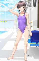 Rule 34 | 1girl, absurdres, barefoot, breasts, brown hair, chair, clothes writing, collarbone, commentary request, competition swimsuit, covered navel, full body, green eyes, highleg, highleg one-piece swimsuit, highres, indoors, lifeguard chair, looking at viewer, low twintails, one-piece swimsuit, original, pool ladder, poolside, purple one-piece swimsuit, short hair, small breasts, solo, standing, string of flags, swimsuit, takafumi, twintails, v, variant set