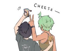 Rule 34 | 2boys, bangs pinned back, black hair, cellphone charm, charm (object), cove holden, curtained hair, english text, flustered, from behind, ghost print, green hair, grin, hand on another&#039;s back, holding, holding phone, main character (our life), multiple boys, our life: beginnings and always, outstretched hand, phone, ryuuieu, selfie, smile, taking picture, tank top, upper body, v, watch, white background, wristwatch