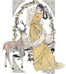 1girl animal arch arms_up black_hair boulder braid braided_hair_rings closed_mouth dated deer floral_arch flower from_side full_body hair_ribbon hair_rings heart korean_commentary lemon89h long_hair long_sleeves original ribbon shawl sideways_glance single_braid standing very_long_hair white_background yellow_flower