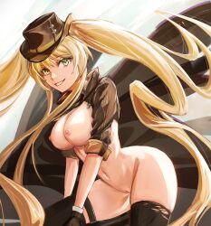 1girl absurdres azur_lane bare_pussy black_gloves black_hat black_shirt black_thighhighs blonde_hair bottomless breasts breasts_out cleft_of_venus clothes_writing commentary cowboy_hat english_commentary floating_hair gloves green_eyes grin hair_between_eyes hat highres hornet_(azur_lane) hornet_ii_(azur_lane) large_breasts long_hair looking_at_viewer mikasciii groin navel nipples no_bra no_panties no_pants pussy shirt short_sleeves shrug_(clothing) sidelocks skindentation smile solo standing stomach teeth thighhighs torn_clothes torn_thighhighs twintails uncensored very_long_hair