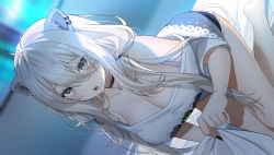 Rule 34 | 1girl, ahoge, animal ears, black nails, blush, breasts, choker, cleavage, ear piercing, fangs, grey eyes, grey hair, hair between eyes, hololive, jewelry, kneeling, kurot, large breasts, lion ears, lion girl, lion tail, long hair, looking at viewer, messy hair, nail polish, oversized clothes, oversized shirt, pendant, piercing, shirt, shishiro botan, shishiro botan (casual), sidelocks, solo, tail, teeth, upper teeth only, virtual youtuber