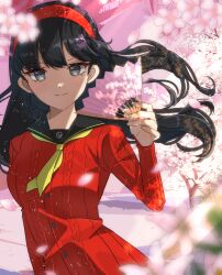 1girl amagi_yukiko black_eyes black_hair black_sailor_collar cherry_blossoms closed_mouth commentary_request floating_hair flower folding_fan hairband hand_fan highres holding holding_fan long_hair long_sleeves looking_at_viewer neckerchief persona persona_4 petals pink_flower red_hairband red_sweater sailor_collar school_uniform smile solo sweat sweater tree yasogami_school_uniform yellow_neckerchief zer00han