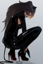 1girl animal_ears batman_(series) black_boots black_gloves black_lips black_mask black_tail blue_eyes bodysuit boots catwoman catwoman_(cosplay) catwoman_costume_(2018) claws cosplay dc_comics dehya_(genshin_impact) eye_mask genshin_impact gloves high_heels highres kneeling lart_art1 latex latex_bodysuit latex_gloves lipstick long_hair looking_at_viewer makeup o-ring simple_background solo tail white_background