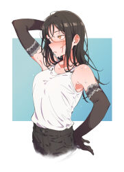 1girl arm_up black_gloves black_hair black_pants chainsaw_man commentary_request eitopondo elbow_gloves facial_scar gloves highres long_hair pants scar scar_on_cheek scar_on_face solo sweat tank_top white_tank_top yellow_eyes yoru_(chainsaw_man)