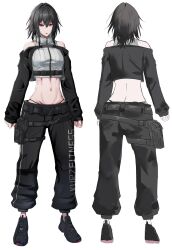 1girl artist_request black_hair groin midriff navel pants simple_background tagme