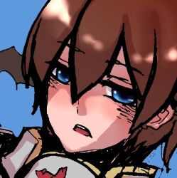 1boy bat_wings black_wings blue_background blue_eyes brown_hair close-up commentary_request hair_between_eyes head_wings looking_at_viewer lowres male_focus open_mouth paladin_(ragnarok_online) ragnarok_online shomu_(arujanainon) short_hair simple_background solo wings