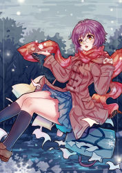Rule 34 | 00s, 10s, 1girl, bag, breath, brown eyes, coat, female focus, glasses, highres, kiyomasa ren, nagato yuki, nagato yuki-chan no shoushitsu, purple hair, scarf, school uniform, solo, suzumiya haruhi-chan no yuuutsu, suzumiya haruhi no shoushitsu, suzumiya haruhi no yuuutsu
