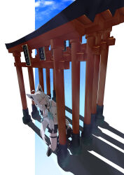 1girl absurdres ahoge animal_ears aomori_prefecture black_shoes black_shorts blue_sky border closed_eyes cloud commentary commentary_request facing_viewer fox_ears fox_girl fox_tail from_above highres hololive kz_nko leaning_to_the_side long_hair multiple_torii navel outdoors outside_border partially_unbuttoned perspective real_world_location shadow shirakami_fubuki shirakami_fubuki_(1st_costume) shirt shoes shorts shrine sign sky smile solo tail teeth thigh_strap torii translated virtual_youtuber white_border white_hair white_shirt