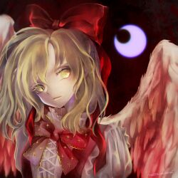 1girl blonde_hair blood bloody_wings bow brown_vest collar colored_eyelashes crescent_moon feathered_wings four-pointed_star frilled_collar frills gengetsu_(touhou) glowing glowing_eyes highres looking_to_the_side medium_hair moon natsuakari open_mouth red_background red_bow red_ribbon ribbon shirt solo touhou touhou_(pc-98) upper_body vest white_shirt white_wings wings yellow_eyes