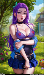 1girl abigail_(stardew_valley) absurdres aroma_sensei bare_shoulders basket belt black_choker blue_eyes blue_skirt blush breasts choker cleavage collar earrings egg hair_ornament highres jewelry large_breasts long_hair looking_at_viewer non-web_source open_mouth outdoors purple_hair skirt solo source_request stardew_valley thighhighs