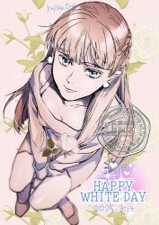 Rule 34 | 1girl, blonde hair, blue eyes, blunt bangs, braid, breasts, brown shoes, cleavage, closed mouth, crown braid, dated, dress, earrings, flower, from above, full body, gundam, gundam wing, hair over shoulder, happy white day, jewelry, kajikaono, light smile, long sleeves, looking at viewer, medium breasts, pearl earrings, relena peacecraft, rose, shoes, short dress, solo, sparkle, v arms, white flower, white rose