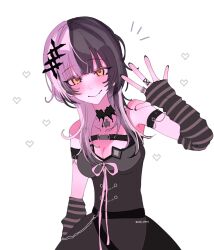 Rule 34 | 1girl, arm strap, black arm warmers, black choker, black dress, black hair, black nails, breasts, choker, cleavage, closed mouth, dress, grey hair, heart, highres, hololive, hololive english, jewelry, long hair, looking at viewer, medium breasts, multicolored hair, ring, shiori novella, shiori novella (1st costume), smile, solo, split-color hair, striped arm warmers, two-tone hair, waving, white background, yellow eyes, zaki m916