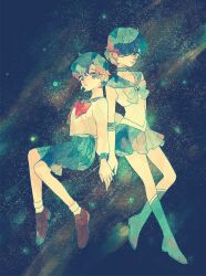 2girls bishoujo_senshi_sailor_moon blue_eyes blue_hair bobby_socks boots bow bowtie dual_persona ear_piercing earrings elbow_gloves from_side gem gloves hair_over_one_eye jewelry juuban_middle_school_uniform knee_boots leaning loafers looking_at_viewer mizuno_ami multiple_girls neckerchief parted_bangs piercing pleated_skirt sailor_mercury sailor_senshi_uniform school_uniform serafuku sharp911 shoes short_hair sitting skirt smile socks star_(sky) starry_sky_background