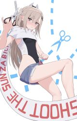 1girl absurdres american_flag american_flag_print american_flag_skirt black_one-piece_swimsuit blush commentary_request denim denim_skirt english_text flag_print grey_eyes grey_hair hair_ornament headgear highleg highleg_one-piece_swimsuit highres holding holding_scissors japanese_flag kantai_collection kill_markings l_meet long_hair looking_at_viewer one-piece_swimsuit print_skirt scarf scissors skirt solo super_highleg swimsuit two-tone_one-piece_swimsuit wahoo_(kancolle) wahoo_kai_(kancolle) white_scarf