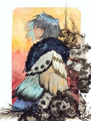 Rule 34 | 1boy, absurdres, blue eyes, cheeeeese0619, cloak, commentary request, crown, fate/grand order, fate (series), feathers, from side, fur-trimmed cloak, fur trim, grey hair, highres, male focus, oberon (fate), oberon (third ascension) (fate), painting (medium), solo, traditional media, watercolor (medium)
