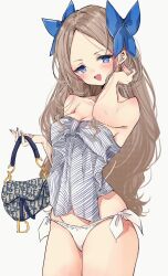 1girl asakaze_(kancolle) bag bikini blue_bow blue_eyes bow breasts chigasaki_yukari commentary_request cowboy_shot dior grey_hair hair_bow handbag highres kantai_collection long_hair medium_breasts mismatched_bikini parted_bangs side-tie_bikini_bottom simple_background smile solo strapless strapless_bikini swimsuit wavy_hair white_background