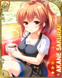 1girl apron bare_legs black_apron blouse blue_shorts bow breasts brown_bow brown_eyes brown_hair card_(medium) closed_mouth coffee couch girlfriend_(kari) indoors looking_at_viewer official_art open-toe_shoes pink_shirt ponytail qp:flapper sakurai_akane_(girlfriend_(kari)) shirt shorts sitting smile tagme