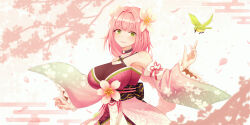 1girl bare_shoulders bird black_choker blush branch breasts cherry_blossoms choker commentary criss-cross_halter detached_sleeves floral_print flower frilled_sleeves frills green_eyes hair_flower hair_ornament halterneck highres japanese_clothes large_breasts mole mole_under_eye petals pink_flower pink_hair rune_factory rune_factory:_guardians_of_azuma solo ulalaka wide_sleeves yumicha
