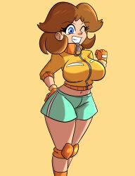 1girl blue_eyes breasts brown_hair gloves grin hand_on_own_hip jacket knee_pads legs looking_at_viewer mario_(series) mario_kart mario_kart_world midriff navel nintendo one_eye_closed princess_daisy shorts smile standing tomboy wink