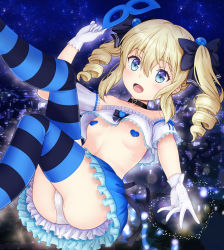 :d angelina_kudou_shields beads black_choker blonde_hair blue_eyes blue_mask blue_pasties blue_ribbon blush breasts carnival_mask choker collarbone detached_sleeves drill_hair frilled_skirt frills gloves hair_beads hair_between_eyes hair_ornament highres looking_at_viewer magical_girl mahouka_koukou_no_rettousei mask medium_hair midriff nanikairu open_mouth panties reaching reaching_towards_viewer ribbon skirt small_breasts smile stomach thighs twin_drills underwear unworn_mask white_gloves white_panties