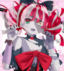 arisuuuuu.1436 bandages heterochromia highres hololive hololive_indonesia kureiji_ollie outstretched_arms ribbon virtual_youtuber zombie zombie_pose