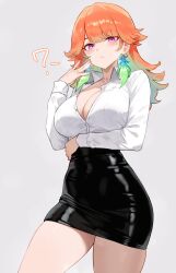 1girl ? absurdres arms_at_sides bluefield breasts confused feathers highres hololive hololive_english large_breasts long_hair miniskirt multicolored_hair nail_polish office_lady purple_eyes skirt takanashi_kiara thighhighs unbuttoned virtual_youtuber