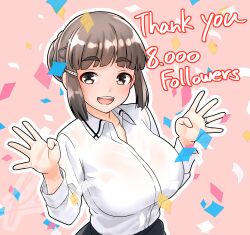 Rule 34 | 1girl, :d, absurdres, black skirt, breasts, brown eyes, brown hair, collarbone, collared shirt, commentary request, confetti, furaggu (frag 0416), hair ornament, hairclip, highres, jewelry, kantai collection, large breasts, long sleeves, milestone celebration, myoukou (kancolle), open mouth, ring, shirt, short hair, skirt, smile, solo, thank you, tongue, upper body, white shirt