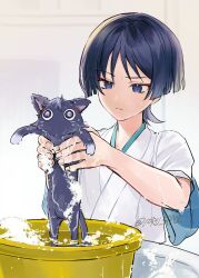 1boy animal animalization black_cat black_hair blue_kimono blue_sleeves blunt_ends bubble cat closed_mouth eyeliner eyeshadow fingernails genshin_impact holding holding_animal holding_cat japanese_clothes juban kimono makeup male_focus person_and_animalization purple_eyes red_eyeliner red_eyeshadow reito6 scaramouche_(cat)_(genshin_impact) scaramouche_(genshin_impact) sleeves_rolled_up sweatdrop tsurime twitter_username wanderer_(genshin_impact) water white_background white_kimono white_sleeves wispy_bangs