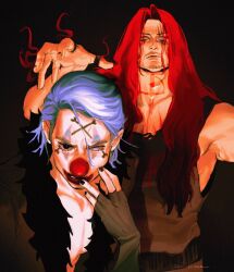 2boys beard black_background black_shirt blue_hair buggy_the_clown closed_mouth clown_nose connected_beard facepaint facial_hair highres long_hair male_focus multiple_boys one_piece pectoral_cleavage pectorals pink_eyes realistic red_eyes red_hair scar scar_across_eye scar_on_face shanks_(one_piece) shirt vamos_mk very_long_hair