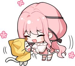 1girl ^_^ absurdly_long_hair ahoge animal artist_request bare_shoulders belt black_belt black_bow black_ribbon blush_stickers bow bra_strap cat chibi cloak closed_eyes clothed_animal ear_covers eyelashes eyes_visible_through_hair flower frilled_shirt frilled_skirt frilled_sleeves frills hair_bow hair_ribbon handshake happy hood hood_up hooded_cloak infinity_nikki kneehighs layered_skirt leaning_forward long_hair long_sleeves low_twintails medium_skirt momo_(nikki) motion_lines nikki_(nikki) nikki_(series) non-web_source off-shoulder_shirt off_shoulder official_art open_mouth perfect_start_(infinity_nikki) pink_flower pink_hair pink_shoes pink_skirt puffy_long_sleeves puffy_sleeves ribbon shirt shoes sidelocks skirt smile socks speed_lines standing transparent_background tress_ribbon twintails very_long_hair wavy_hair whiskers white_cat white_shirt white_skirt white_socks yellow_cloak