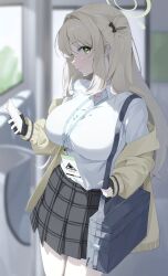 Rule 34 | 1girl, absurdres, bag, black gloves, black skirt, blonde hair, blue archive, breasts, cellphone, commentary, fingerless gloves, gloves, green eyes, halo, highres, holding, holding phone, k cyp, korean commentary, lanyard, large breasts, light smile, long hair, looking at viewer, nonomi (blue archive), phone, plaid clothes, plaid skirt, pleated skirt, profile, school bag, school uniform, shirt, skirt, solo, thighs, very long hair, white shirt