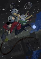 1boy 3girls absurdres arm_tattoo asatsuki_(cookie) black_footwear black_hair black_hairband black_ribbon blouse blue_dress blue_pants book bow bubble building cloud collared_shirt commentary_request cookie_(touhou) crying crying_with_eyes_open dark-skinned_female dark_skin dress eska_(cookie) feather_hair_ornament feathers fishing_rod genpatsu_(cookie) green_skirt green_vest hair_bow hair_ornament hair_ribbon hair_tubes hairband hakurei_reimu highres holding holding_book holding_fishing_rod horns ibuki_suika izayoi_sakuya jacket kirisame_marisa konpaku_youmu long_hair maid manatsu_no_yo_no_inmu mishou_kazuya_(cookie) miura_daisenpai multiple_girls night pants patchouli_knowledge pig pompadour radiation_symbol red_eyes red_jacket reu_(cookie) ribbon rooftop sarashi shirt shoes skirt sleeveless sleeveless_dress taisa_(cookie) tattoo tears touhou tsuno_(nicoseiga11206720) tsurikichi_obasan vest water white_dress white_hair white_shirt yellow_eyes